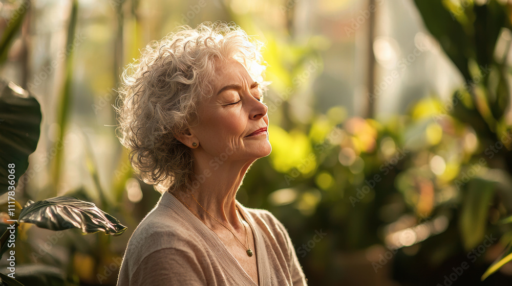 serene senior woman enjoying tranquility in lush green environment serene senior woman enjoying tranquility in lush green environment