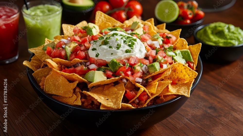 festive nacho bar, vibrant party display includes a generous nacho bowl, assorted dips, colorful drinks, and fresh ingredients like avocados, tomatoes, and limes, setting a celebratory vibe festive nacho bar, vibrant party display includes a generous nacho bowl, assorted dips, colorful drinks, and fresh ingredients like avocados, tomatoes, and limes, setting a celebratory vibe