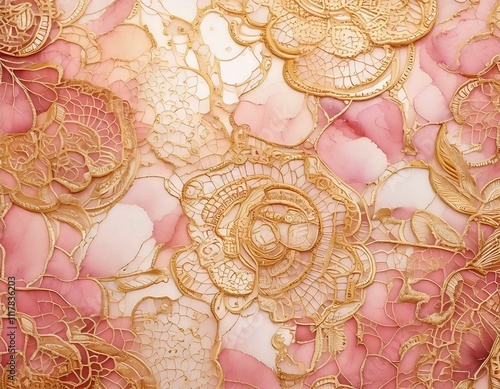 Elegant watercolor lace pattern in soft gold and pastel pink photo