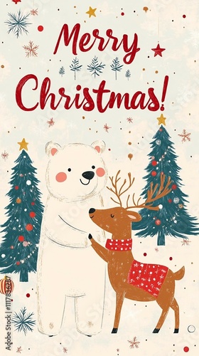 Bear and deer on christmas greeting card