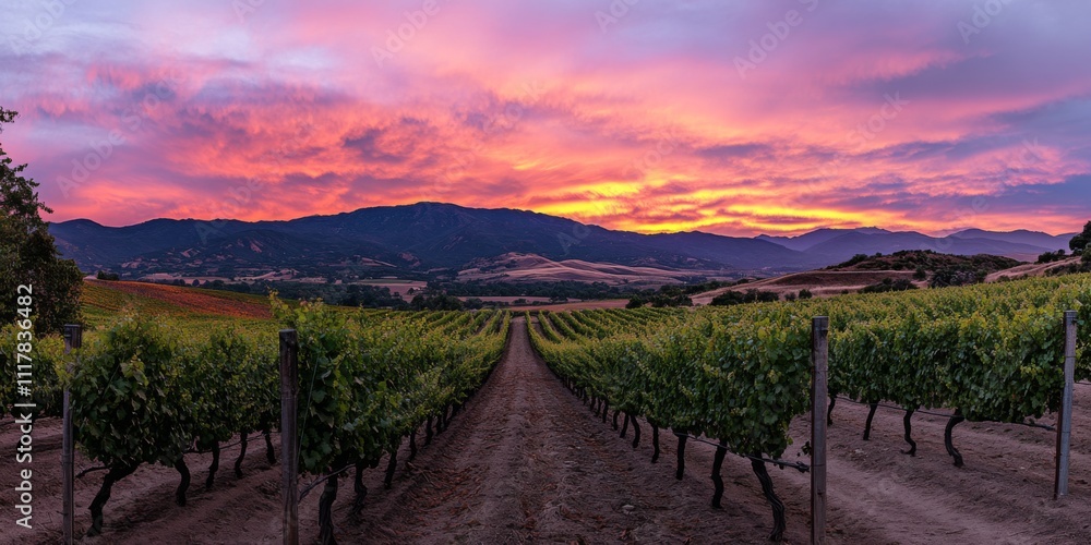 Obraz premium A beautiful vineyard landscape at sunset. The sky glows with warm colors as the sun sets behind rolling hills. Perfect for wine lovers and nature enthusiasts. Explore this serene view. AI
