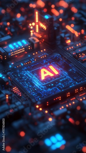 AI microchip, futuristic city on circuit board.