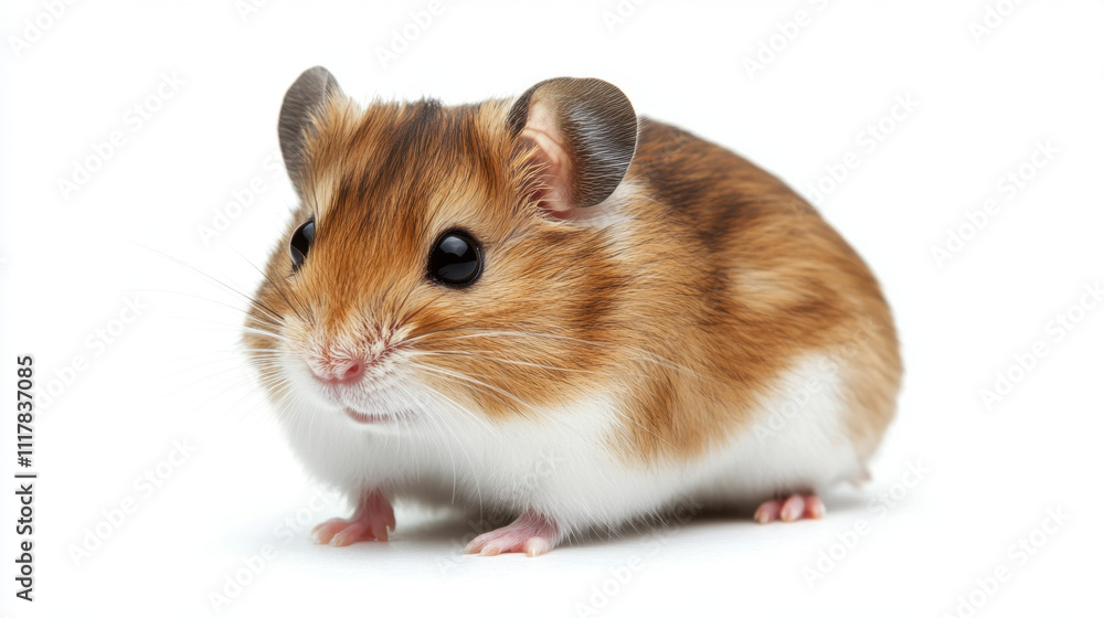 Adorable brown and white hamster with shiny eyes sitting on a clean white background, looking curiously at the camera. Adorable brown and white hamster with shiny eyes sitting on a clean white background, looking curiously at the camera.