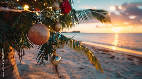 A beachside Christmas celebration featuring a palm tree adorned with ornaments and strings of fairy lights, creating a tropical holiday atmosphere.