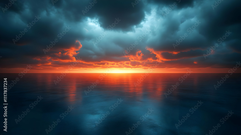 Naklejka premium Dramatic Sunset Over Ocean with Dark Clouds - Realistic Image