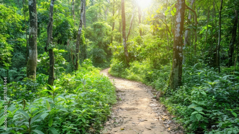 Obraz premium Embark on an adventurous hiking trail through a dense forest illuminated by sunlight featuring curiously peeking wild animals