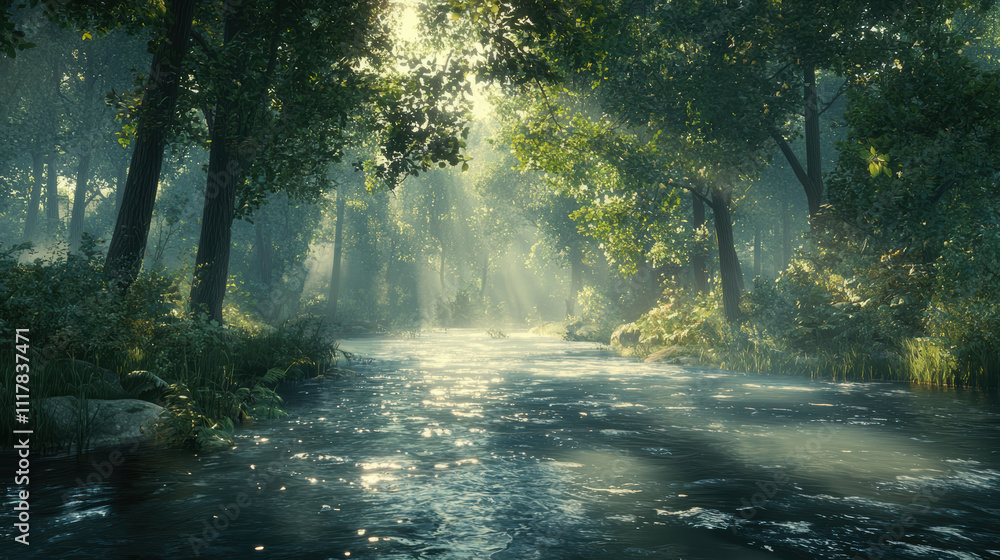 serene flowing river cuts through dense forest, illuminated by soft sunlight filtering through trees, creating tranquil and peaceful atmosphere serene flowing river cuts through dense forest, illuminated by soft sunlight filtering through trees, creating tranquil and peaceful atmosphere