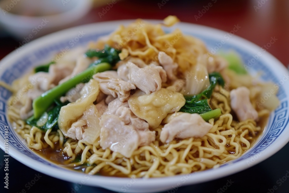 A dish of cooked noodles topped with sliced meat and mixed vegetables, great for mealtime or as a snack A dish of cooked noodles topped with sliced meat and mixed vegetables, great for mealtime or as a snack