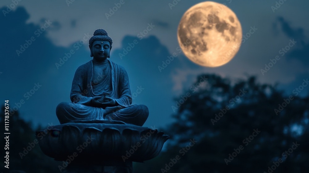 Unduvap Full Moon Poya Tranquil buddha statue in meditation under full moon night sky Unduvap Full Moon Poya Tranquil buddha statue in meditation under full moon night sky
