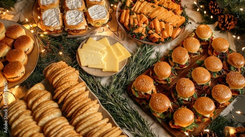 A holiday grazing table filled with savory appetizers like sliders and cheese platters, surrounded by twinkling fairy lights and sprigs of rosemary and pine. photo