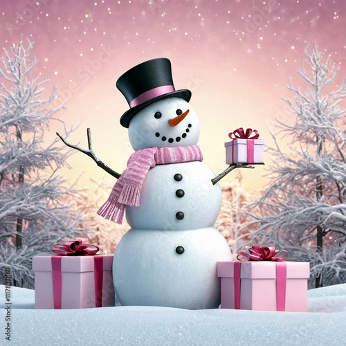 Funny snowman with gifts.