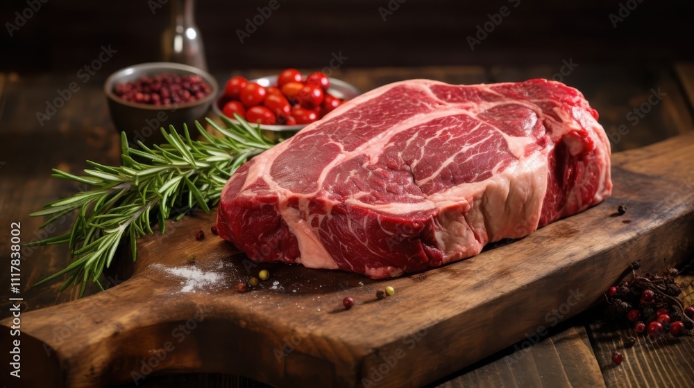 Fototapeta premium Butcher presenting aged ribeye steak rustic wooden background professional food photography soft focus deep red color