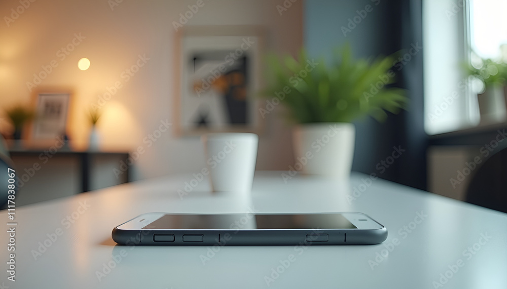 Smartphone lying on a table with blurred background of cozy workspace and plants, modern aesthetics, smartphone mockup, copy space Smartphone lying on a table with blurred background of cozy workspace and plants, modern aesthetics, smartphone mockup, copy space