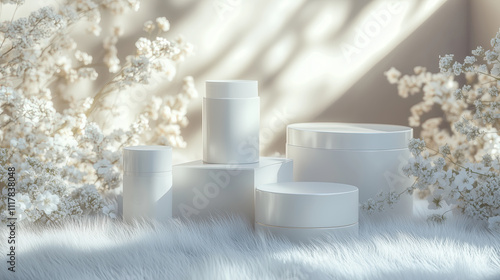 3D render of skincare cosmetic set with boxes, vials and bottles, tubes for cream and perfume. Minimalistic white mock up with background with fur, branches and flowers. Front view.Exhibition concept 