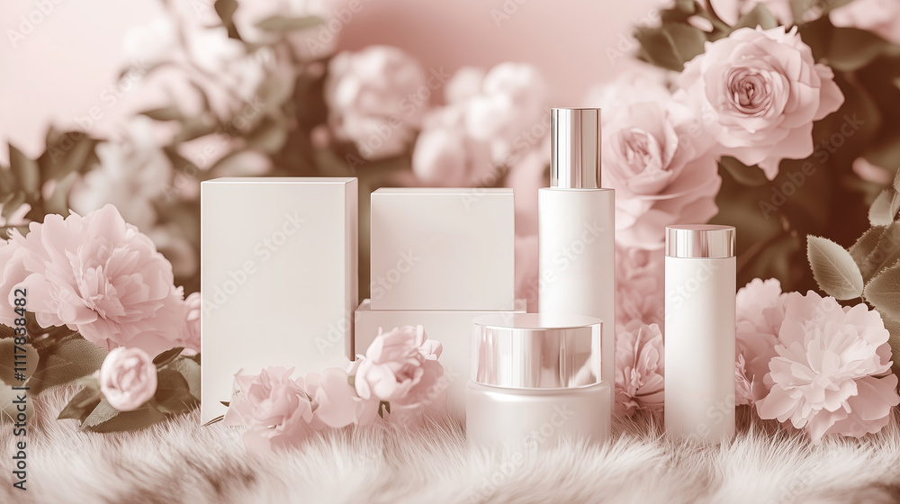 3D render of skincare cosmetic set with boxes, vials and bottles, tubes for cream and perfume. Cute pink mock up with background with fur, branches and flowers. Front view.Exhibition concept 3D render of skincare cosmetic set with boxes, vials and bottles, tubes for cream and perfume. Cute pink mock up with background with fur, branches and flowers. Front view.Exhibition concept