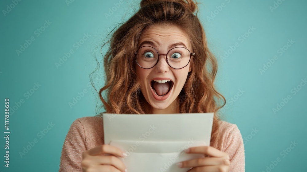 Surprised Woman Delighted with Opening Letter Surprised Woman Delighted with Opening Letter