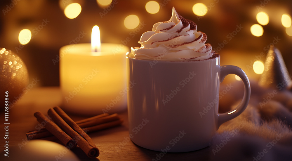 Hot chocolate with whipped cream in a white mug, on a table next to a lit candle and cinnamon sticks, in a warm, cozy atmosphere with Christmas decorations Hot chocolate with whipped cream in a white mug, on a table next to a lit candle and cinnamon sticks, in a warm, cozy atmosphere with Christmas decorations