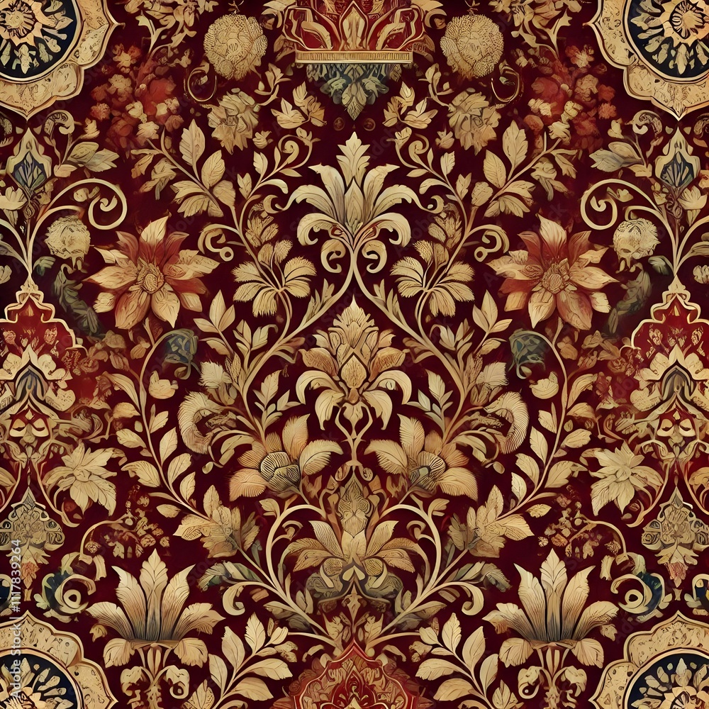 Mughal pattern with detailed floral and vine elements in warm maroon and gold tones on a dark red background (1)_Nero AI_Photo - Shortcut
