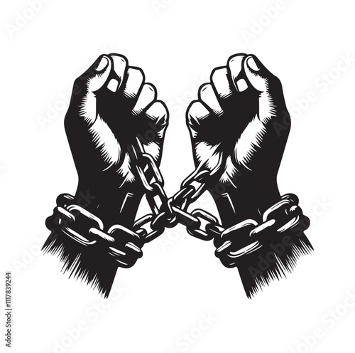 A pair of hands chained to a chain and a text words freedom. silhouette vector illustration.