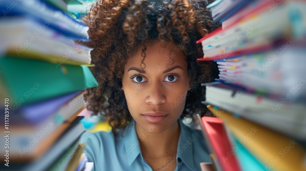 A woman with curly hair stands surrounded by an overwhelming amount Of books her expression conveying a sense of stress and frustration. A woman with curly hair stands surrounded by an overwhelming amount Of books her expression conveying a sense of stress and frustration.
