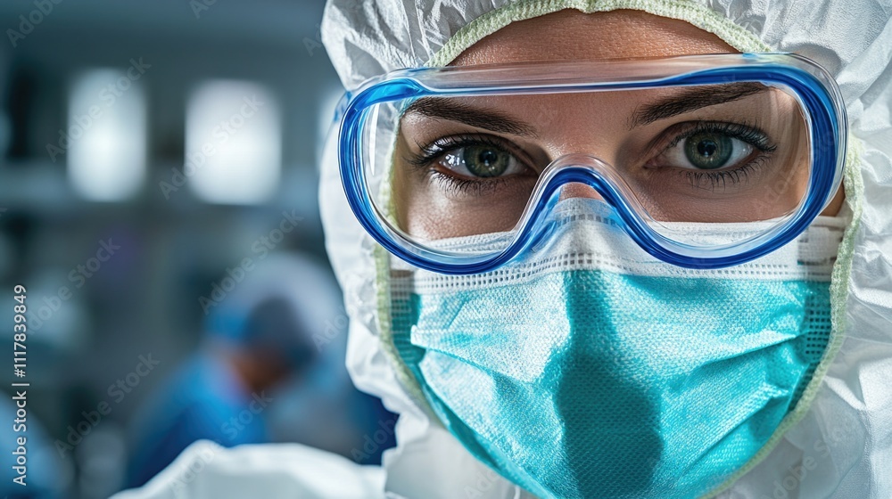 A person wearing a face mask and goggles for protection A person wearing a face mask and goggles for protection