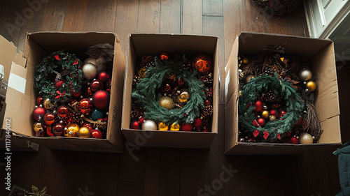 An overhead shot of three cardboard boxes filled with Christmas decorations, including ornaments and wreaths, on the floor at home.	