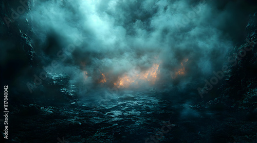 Dark Fantasy Cave Background with Fog and Fire