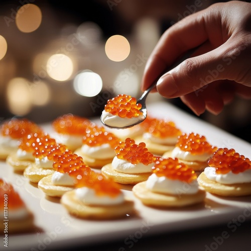 Elegant appetizer concept with red caviar served on delicate pancakes photo