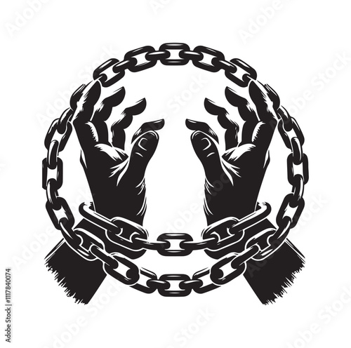 A pair of hands chained to a chain and a text words freedom. silhouette vector illustration.