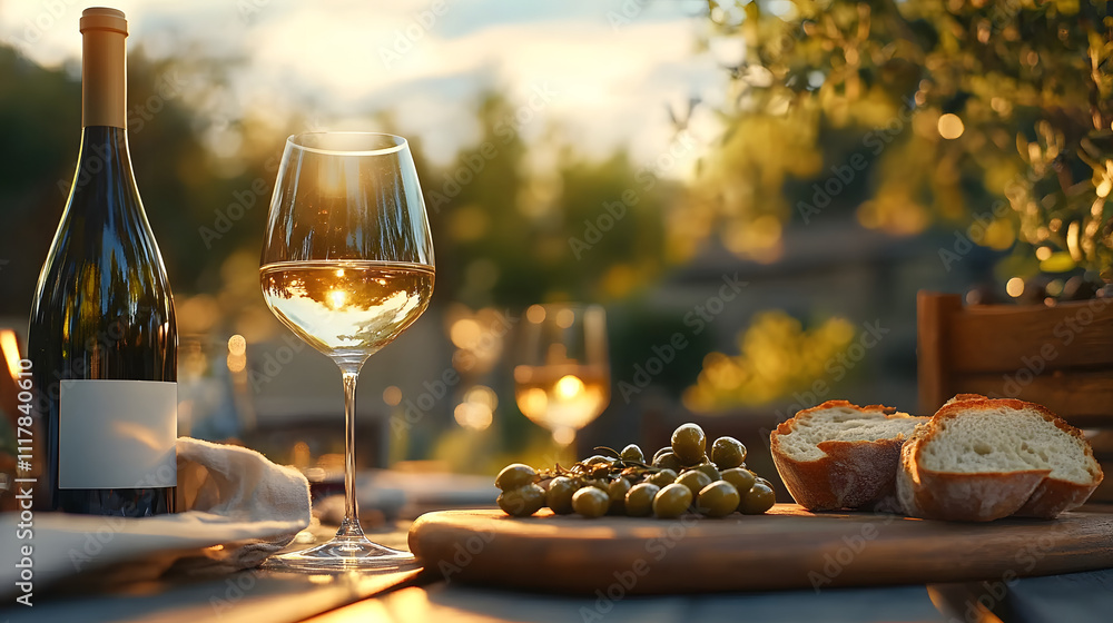A sophisticated outdoor gathering with wine, bread, and olives capturing the essence of leisure and enjoyment in the warm glow of evening sunlight. A sophisticated outdoor gathering with wine, bread, and olives capturing the essence of leisure and enjoyment in the warm glow of evening sunlight.