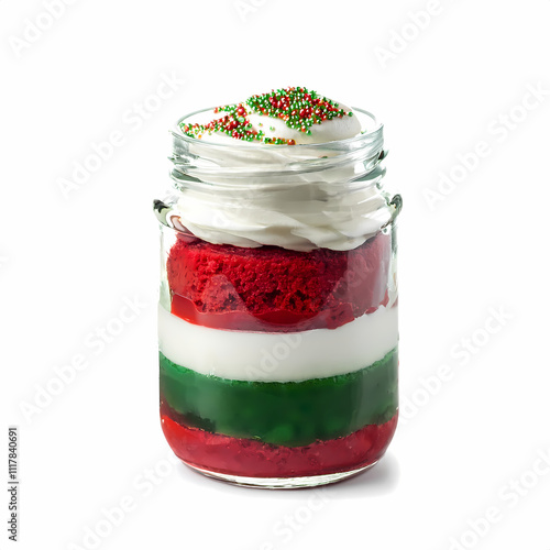 Layered Christmas Dessert in Mason Jar  Red Velvet  Whipped Cream  and Green Jell O photo