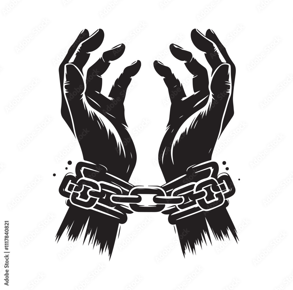 Obraz premium A pair of hands chained to a chain and a text words freedom. silhouette vector illustration.