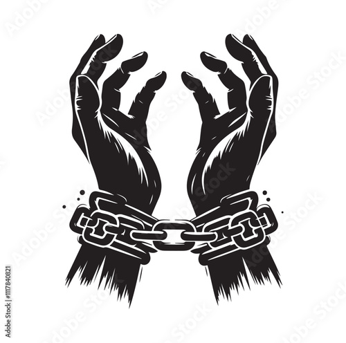 A pair of hands chained to a chain and a text words freedom. silhouette vector illustration.