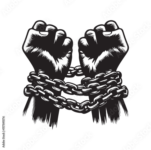 A pair of hands chained to a chain and a text words freedom. silhouette vector illustration.