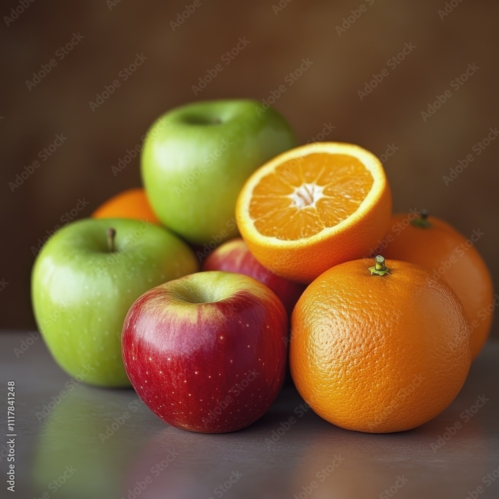 A balanced arrangement of fresh apples and oranges on a clean, simple background, symbolizing healthy dieting
