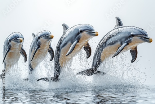 Four Commerson's Dolphins Leaping Gracefully from the Ocean Breathtaking Underwater Wildlife Scene photo