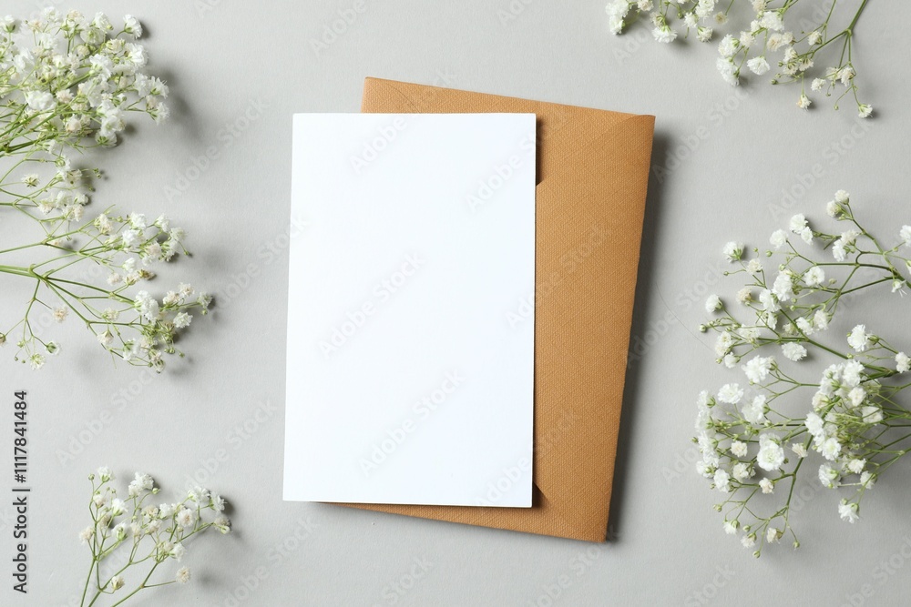 Top view photo with gypsophila flowers and paper card on gray background Top view photo with gypsophila flowers and paper card on gray background