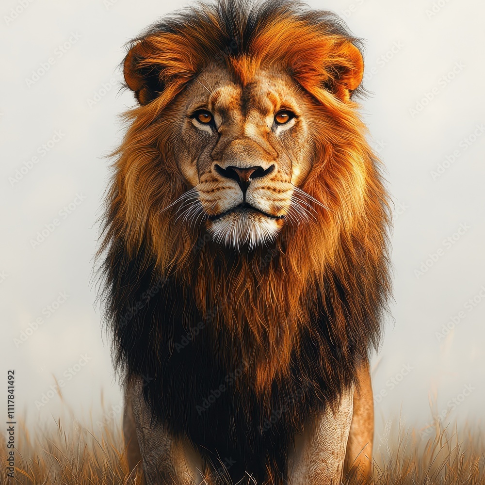 Obraz premium Majestic African Lion Portrait Powerful Male with Golden Mane in Serengeti Grassland