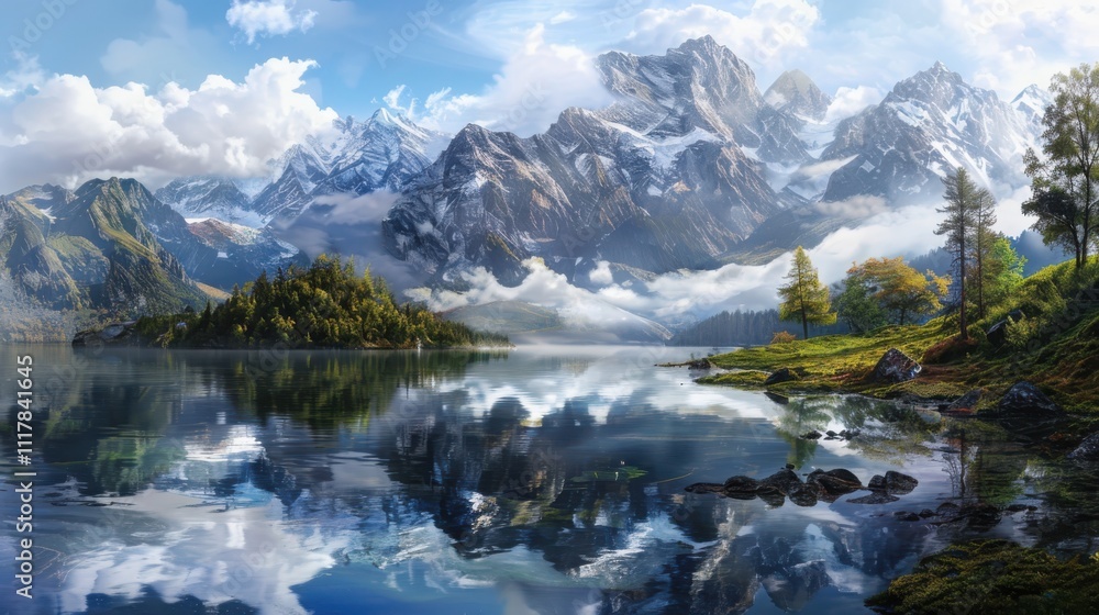 Dawn reflections at a serene mountain lake misty peaks nature landscape tranquil environment picturesque viewpoint for ultimate serenity Dawn reflections at a serene mountain lake misty peaks nature landscape tranquil environment picturesque viewpoint for ultimate serenity