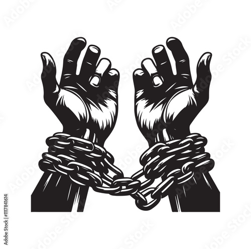 A pair of hands chained to a chain and a text words freedom. silhouette vector illustration.