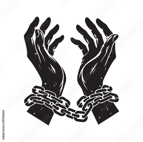 A pair of hands chained to a chain and a text words freedom. silhouette vector illustration.