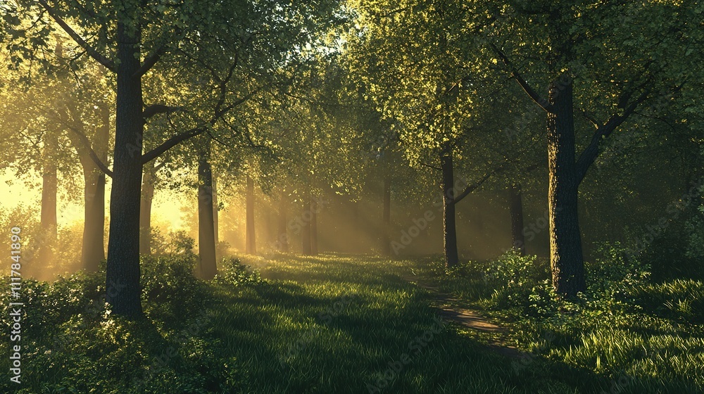 Fototapeta premium Tranquil Sunny Morning in a Lush Forest Scene with Gentle Light