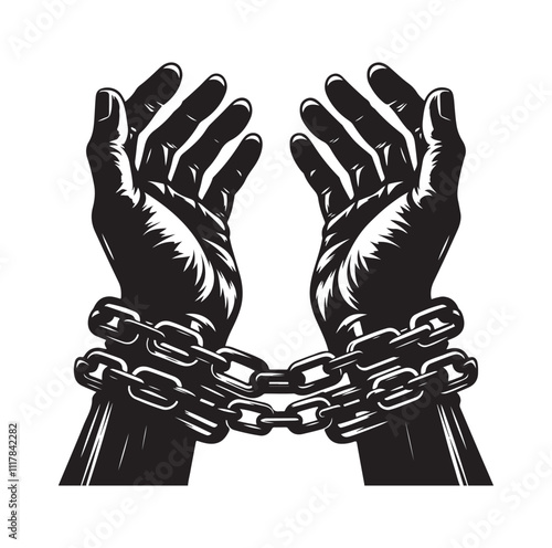 A pair of hands chained to a chain and a text words freedom. silhouette vector illustration.