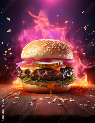 Burger manipulation flames and fire sparks photo