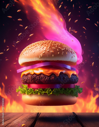 Burger manipulation flames and fire sparks photo