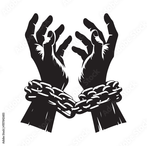 A pair of hands chained to a chain and a text words freedom. silhouette vector illustration.