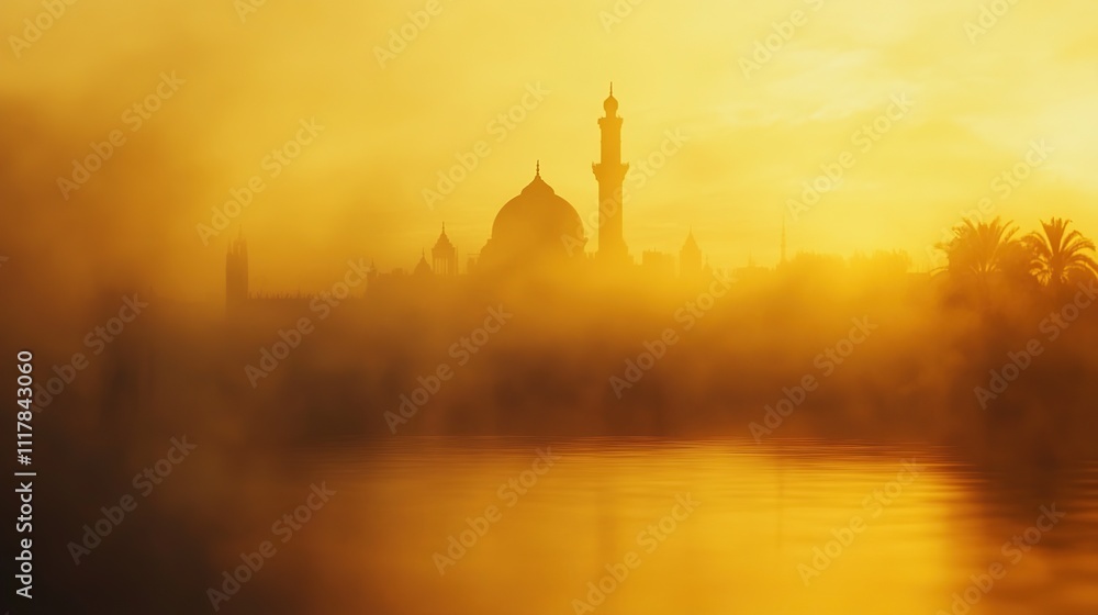 Naklejka premium Misty sunset silhouette of a mosque by water.