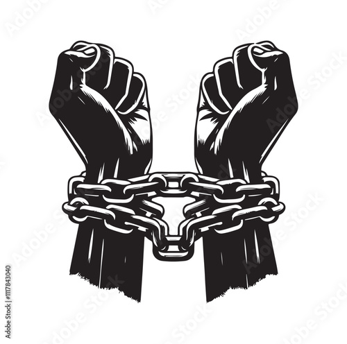 A pair of hands chained to a chain and a text words freedom. silhouette vector illustration.
