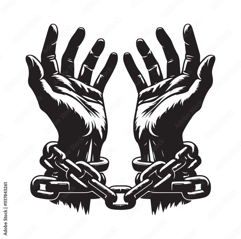 Obraz premium A pair of hands chained to a chain and a text words freedom. silhouette vector illustration.