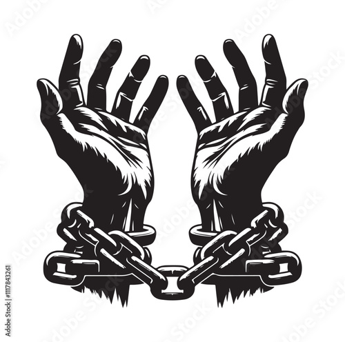 A pair of hands chained to a chain and a text words freedom. silhouette vector illustration.